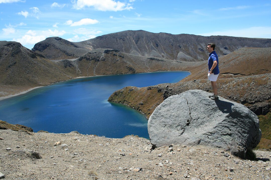 tongariro lake crater man standing looking at view NZ